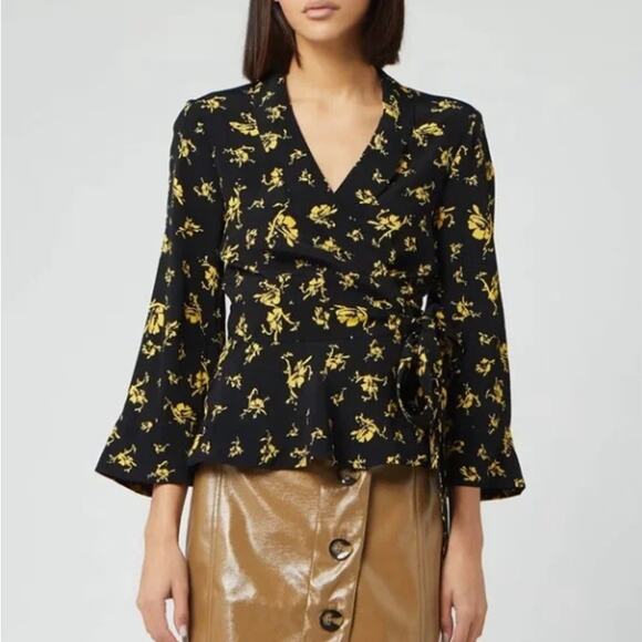 GANNI Floral Crepe Bell Sleeve Wrap Ruffle Top Black Yellow Sz 44/XL $345 {M17} - Picture 3 of 8